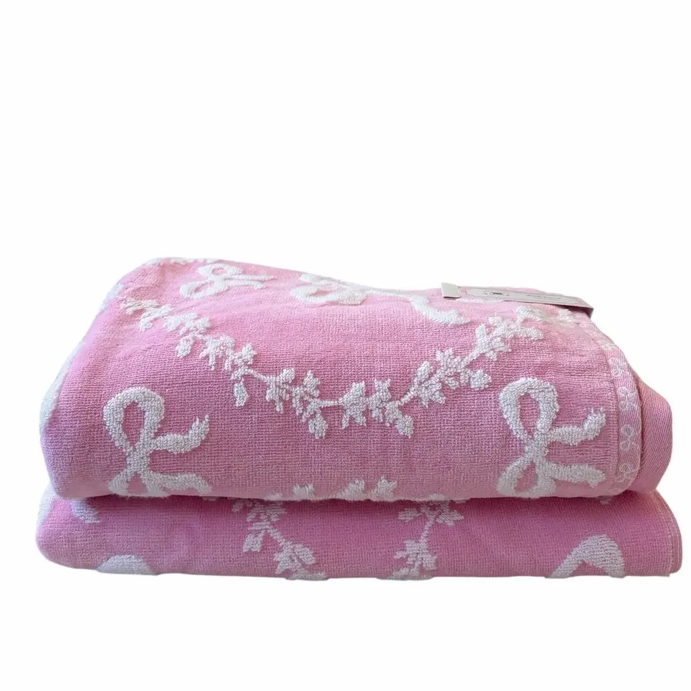 4pc Plush Pink & White BOW Towel Set - 2 Hand 2 Bath Cotton Chic Bath NEW